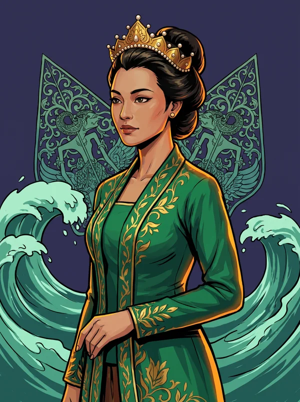 Kanjeng Ratu Kidul in a green kebaya, sea waves curling around her