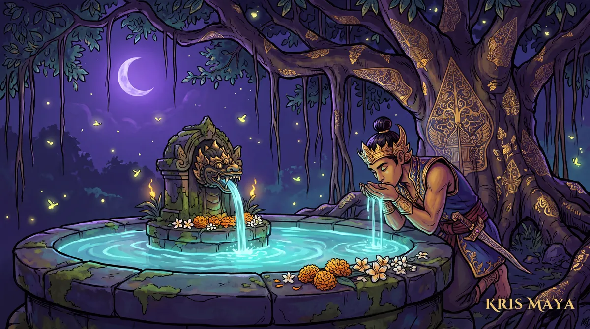 Jayabaya drinks at the sacred spring under a banyan tree